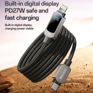 Cablu de date, Type-C la Lightning, Display Digital, 27W, 1.2m, Nailon, Yesido, Negru - Img 2