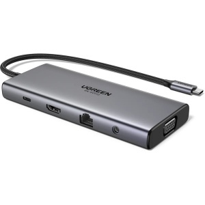 Hub USB-C la 3x Type-C, 2x USB, HDMI, RJ45, Jack 3.5mm, VGA, TF, SD Card, Ugreen, Gri - Img 3