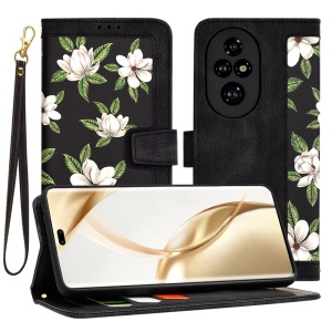 Husa pentru Honor 200 Pro din Piele Ecologică cu Design Floral, Protecție 360°, Stand Integrat, Buzunare pentru Carduri, SKDR Floral Wallet - Negru