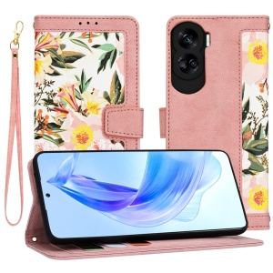 Husa pentru Honor 90 Lite din Piele Ecologică cu Design Floral, Protecție 360°, Stand Integrat, Buzunare pentru Carduri, SKDR Floral Wallet - Roz