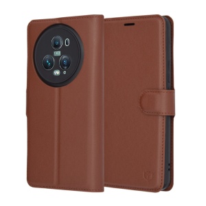 Husa pentru Honor Magic5 Pro, SKYDDAR INNOVATION, Leather Folio tip Carte, cu Portofel Interior, Finisaje Premium, set cu sticker, Maro