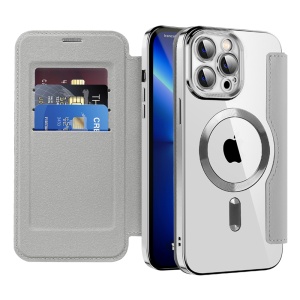 Husa pentru iPhone 13 Pro tip carte, SKYDDAR INOVATION, SmartMag Book, Magsafe, RFiD, Suport Carduri, set cu sticker, Gri