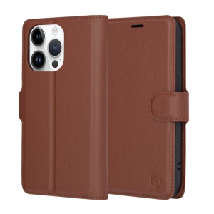 Husa pentru iPhone 14 Pro, SKYDDAR INNOVATION, Leather Folio, tip Carte, cu Portofel Interior, Finisaje Premium, Maro, set cu sticker
