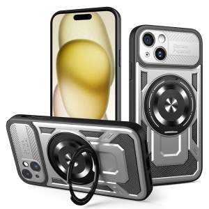 Husa pentru iPhone 15 Plus, SKYDDAR INNOVATION, RuggedCam, Inel magnetic antisoc, set cu sticker, Gri