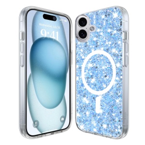 Husa pentru iPhone 16 Plus din Silicon cu Sclipici, Fundal Detasabil, Protectie Completa, SKDR SparkleCase - Bleu