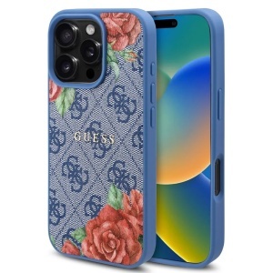 Husa pentru iPhone 16 Pro, Hardcase 4G Flower Print MagSafe, Guess, Albastru
