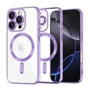Husa pentru iPhone 16 Pro Max, Antisoc, Protectie camera, set cu sticker, Luxury Shield Magsafe, Mov