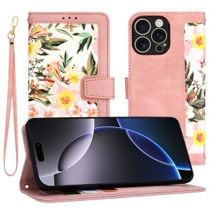 Husa pentru iPhone 16 Pro Max, SKYDDAR INNOVATION, Floral Wallet, din Piele Ecologică cu Design Floral, Protecție 360°, Stand Integrat, Buzunare pentru Carduri, Roz, set cu sticker