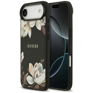 Husa pentru iPhone 17 Air, Grained Flowers MagSafe, Guess, Negru
