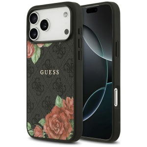 Husa pentru iPhone 17 Pro, Hardcase 4G Flower Print MagSafe, Guess, Negru