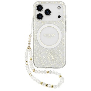 Husa pentru iPhone 18 Pro / iPhone 17 Pro - Guess IML Flowers Electroplated with Pearl Strap MagSafe (GUHMP18LHCPOFPH) - White