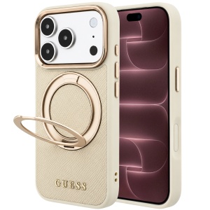 Husa pentru iPhone 18 Pro Max / iPhone 17 Pro Max - Guess Grained Leather Ring Stand 360 Classic MagSafe - Beige