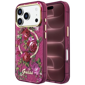 Husa pentru iPhone 18 Pro Max / iPhone 17 Pro Max - Guess IML Glitter Blossom Roses MagSafe - Burgundy