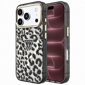 Husa pentru iPhone 18 Pro Max / iPhone 17 Pro Max - Guess Leopard Glitter Triangle Logo MagSafe - Black