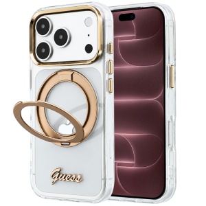 Husa pentru iPhone 18 Pro Max / iPhone 17 Pro Max - Guess Ring Stand Script Metal Logo MagSafe - Clear