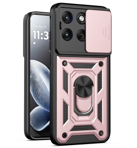Husa pentru Motorola Edge 70 Fusion, protectie camere, Inel magnetic, set cu sticker, CamShield, Roz