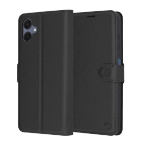 Husa pentru Samsung Galaxy A06, SKYDDAR INNOVATION, Leather Folio, tip Carte, cu Portofel Interior, Finisaje Premium, Negru, set cu sticker