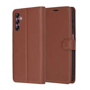 Husa pentru Samsung Galaxy A14 5G / Galaxy A14 4G, SKYDDAR INNOVATION, Leather Folio tip Carte, cu Portofel Interior, Finisaje Premium, set cu sticker, Maro