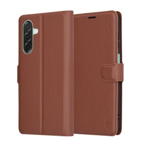 Husa pentru Samsung Galaxy A26 5G, SKYDDAR INNOVATION, Leather Wallet, tip Carte, cu Portofel Interior, Finisaje Premium, Maro, set cu sticker