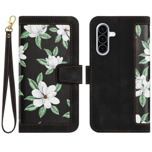 Husa pentru Samsung Galaxy A36 5G din Piele Ecologică cu Design Floral, Protecție 360°, Stand Integrat, Buzunare pentru Carduri, SKDR Floral Wallet - Negru - Img 1