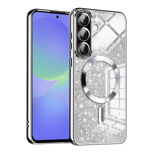 Husa pentru Samsung Galaxy A36 5G / Galaxy A56 5G, SKYDDAR INNOVATION, Luxury Glitter Magsafe, Antisoc, Fundal Detasabil 2-in-1, Protectie Superioara, Margini Ridicate, Argintiu, set cu sticker