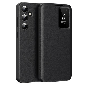 Husa pentru Samsung Galaxy A55 5G tip carte, Skyddar, cu portofel si SmartView, Premium, set cu sticker, Negru
