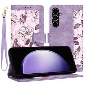  Husa pentru Samsung Galaxy S23 FE din Piele Ecologică cu Design Floral, Protecție 360°, Stand Integrat, Buzunare pentru Carduri, SKDR Floral Wallet - Mov - Img 1