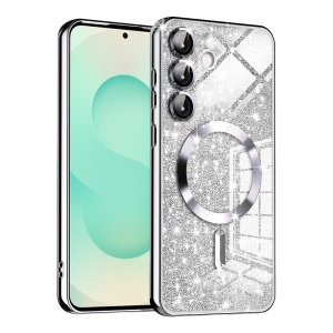 Husa pentru Samsung Galaxy S25 Plus, SKYDDAR INNOVATION, Luxury Glitter Magsafe, Antisoc, Fundal Detasabil 2-in-1, Margini Ridicate, set cu sticker, Argintiu