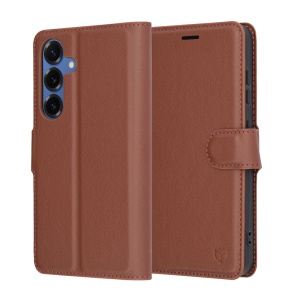 Husa pentru Samsung Galaxy S25, SKYDDAR INNOVATION, Leather Folio tip Carte, cu Portofel Interior, Finisaje Premium, set cu sticker, Maro
