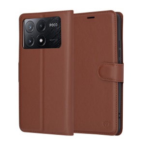 Husa pentru Xiaomi Poco X6 Pro, SKYDDAR INNOVATION, Leather Folio tip Carte, cu Portofel Interior, Finisaje Premium, set cu sticker, Maro