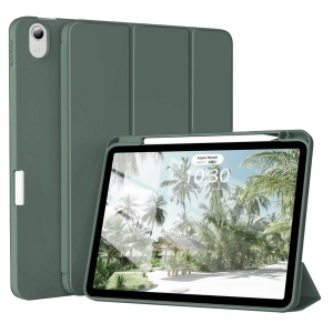 Husa tableta pentru iPad Air 4 (2020) / Air 5 (2022), suport Pencil, functie Sleep/Wake, Flex Trifold, set cu sticker, Verde inchis
