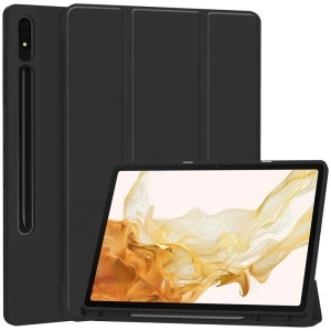 Husa tableta pentru Samsung Galaxy Tab S7 Plus / S8 Plus, suport Pencil, functie Sleep/Wake, Flex Trifold, set cu sticker, Negru