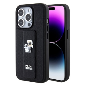 Huse pentru iPhone 15 Pro, Karl Lagerfeld, Saffiano Gripstand, Negru