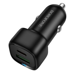 Incarcator Auto 38W Dual Port (Type-C PD20W + USB-A QC3.0) Borofone BZ34B, Design Compact ABS, Alb