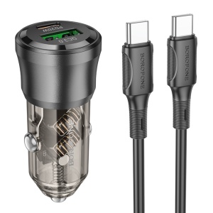 Incarcator Auto 38W Dual Port (USB-C PD + USB QC3.0) cu Cablu Type-C Inclus Borofone BZ25, 12–24V, Transparent/Negru