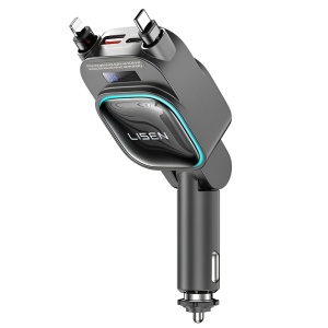 Incarcator Auto 96W 4in1 cu 2x Cablu Retractabil, USB + USB-C, Afisaj LED, Compatibil 12-24V, Lisen YL0224080017, Negru