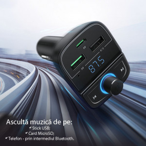 Incarcator Auto cu Modulator FM 2x USB-A, 1xType-C, 31.5W, Ugreen CD229, Negru - Img 2