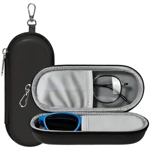 Toc Ochelari cu fermoar, Piele poliuretanica, 2 compartimente, set cu sticker, Model ETJ3, Negru