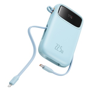 Baterie Externa, 10000mAh, Baseus Qpow Pro+ 22.5W, Cablu Type-C 30cm Inclus, Lightning, 2x Type-C, 1x USB, Fast Charging, Albastru