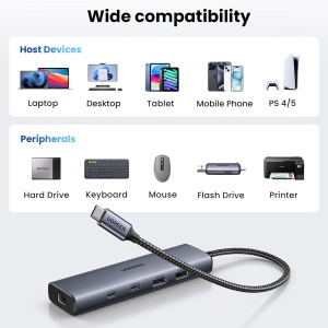 Hub Type-C to 2x USB, 2x USB-C, RJ45, Plug & Play, 10Gbps, Ugreen CM512, Gri - Img 3