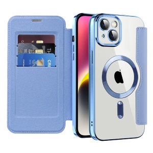 Husa pentru iPhone 14 Plus tip carte, SKYDDAR INOVATION, SmartMag Book, Magsafe, RFiD, Suport Carduri, set cu sticker, Bleu