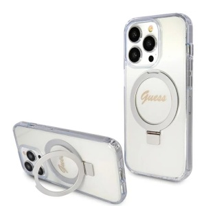 Husa pentru iPhone 15 Pro Ring Stand Script Glitter, Guess - Transparenta