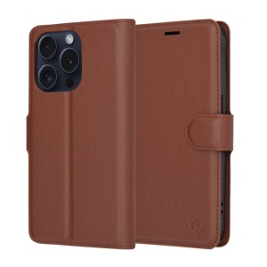 Husa pentru iPhone 15 Pro, SKYDDAR INNOVATION, Leather Folio, tip Carte, cu Portofel Interior, Finisaje Premium, Maro, set cu sticker