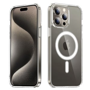Husa pentru iPhone 15 Pro, SKYDDAR INNOVATION, MagSafe Pro din silicon, set cu sticker, Transparenta