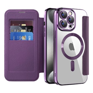 Husa pentru iPhone 15 Pro tip carte, SKYDDAR INOVATION, SmartMag Book, Magsafe, RFiD, Suport Carduri, set cu sticker, Mov