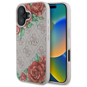 Husa pentru iPhone 16, Hardcase 4G Flower Print MagSafe, Guess, Roz