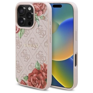 Husa pentru iPhone 16 Pro, Hardcase 4G Flower Print MagSafe, Guess, Roz