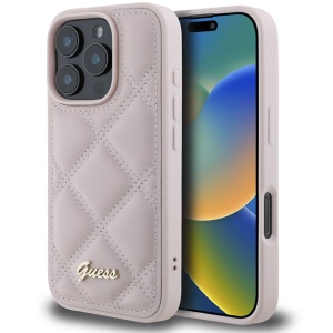 Husa pentru iPhone 16 Pro Quilted Metal Logo, Guess - Roz