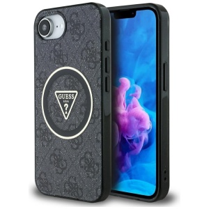 Husa pentru iPhone 16e, IML Metal Glitter 4G Circle Triangle MagSafe, Guess, Negru