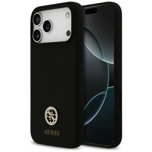 Husa pentru iPhone 17 Pro Max, Silicone Logo Strass 4G, Guess, Negru